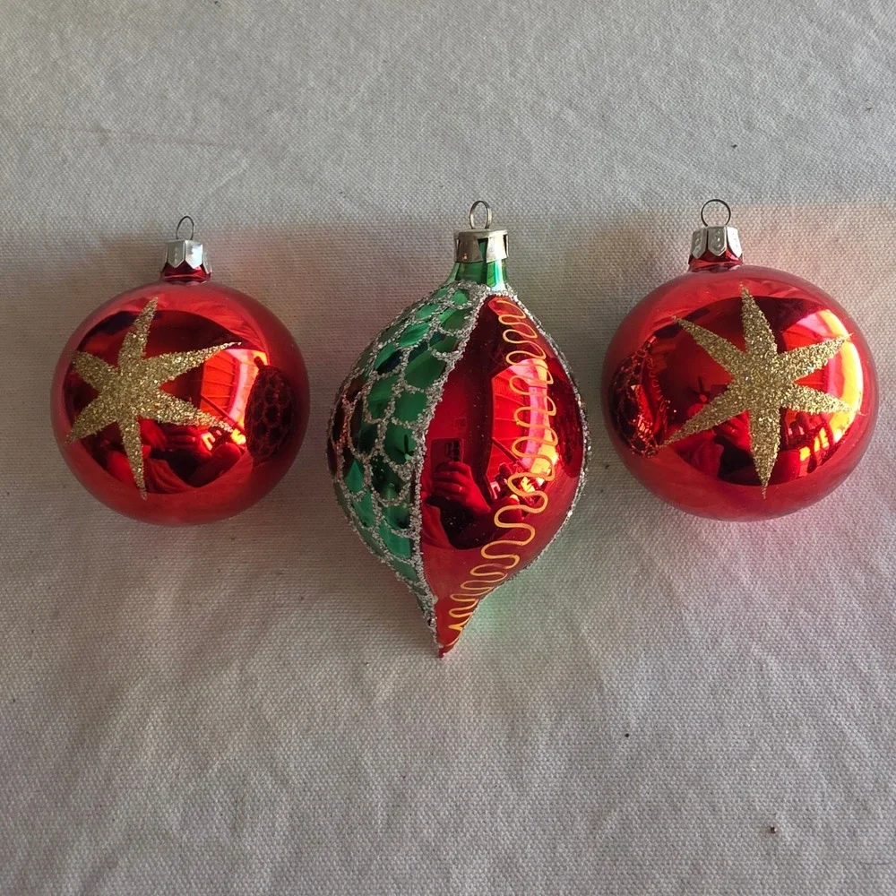 Vintage Glass Christmas Ornaments Red Green 2 Indent + 1 Teardrop Set of 3 Total